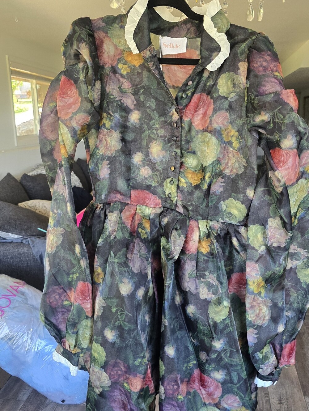Selkie Kiki Black Sheer Floral Puff-Sleeve Mini Dress - Picture 6 of 7